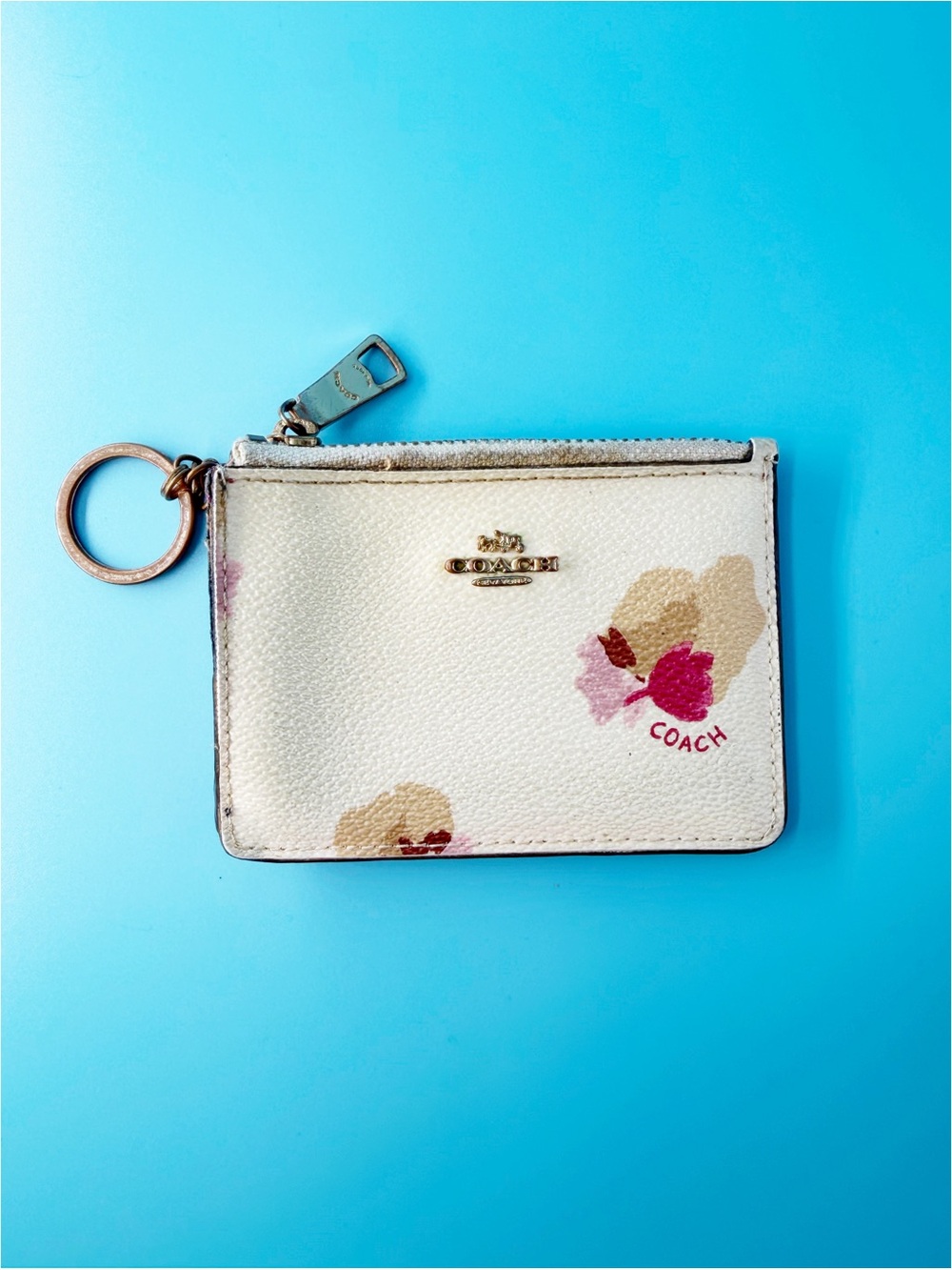 Coach Leather Floral Id Case Key Chain Pouch Zip Project